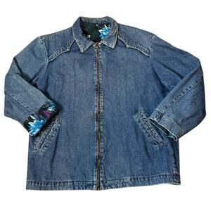 Vintage Denim Blue Jacket with Blue Purple floral lining zip closing size medium